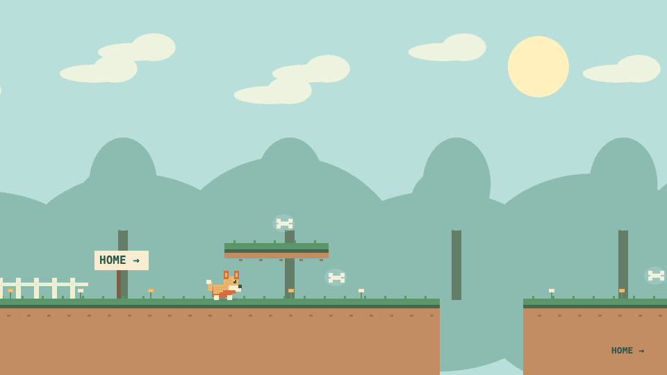 Puppy Quest gameplay: a pixel-art corgi runs across a grassy ledge past a signpost reading HOME, under pale aqua sky and sage hills.